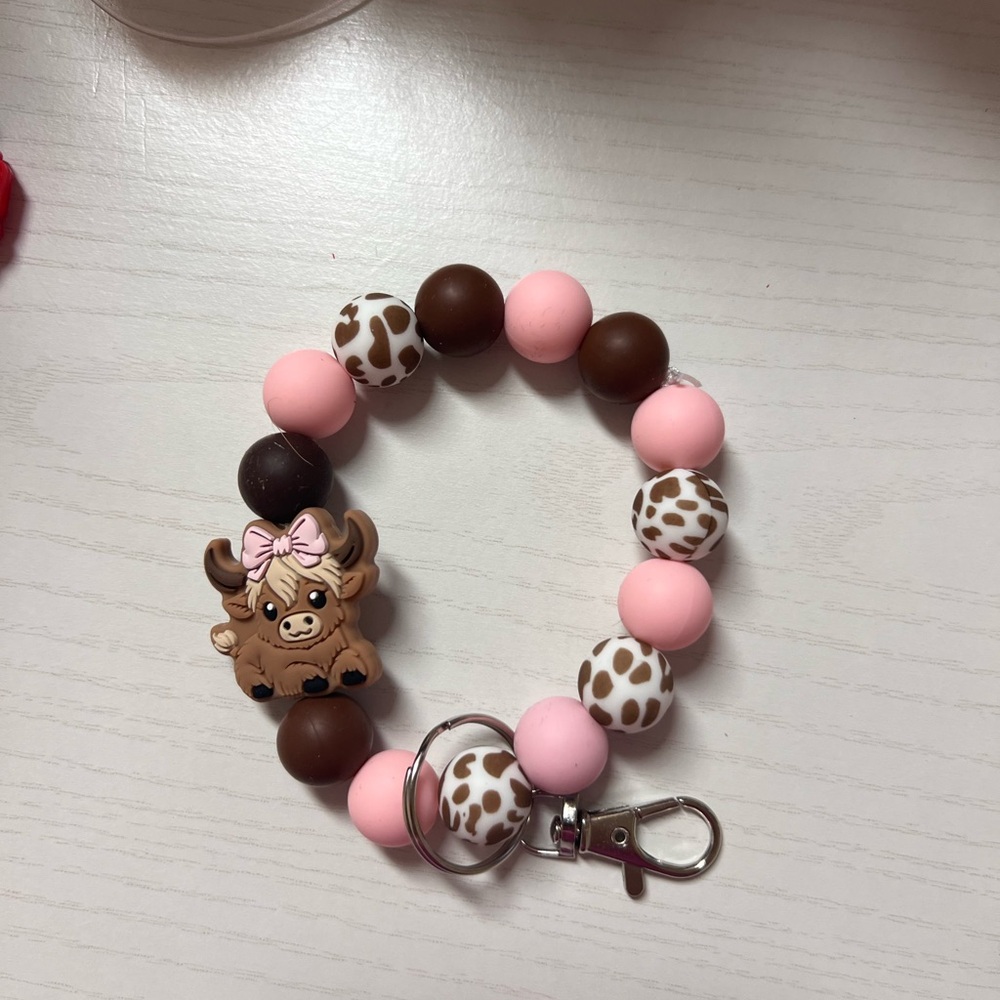 Pink and Brown Cow Print Keychain Bracelet
